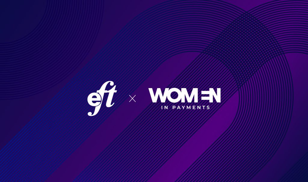 Graphic featuring the logos of EFT Corporation and Women in Payments Africa side by side, set against a purple background with overlapping curved lines and patterns, symbolizing collaboration and innovation in the payments industry.